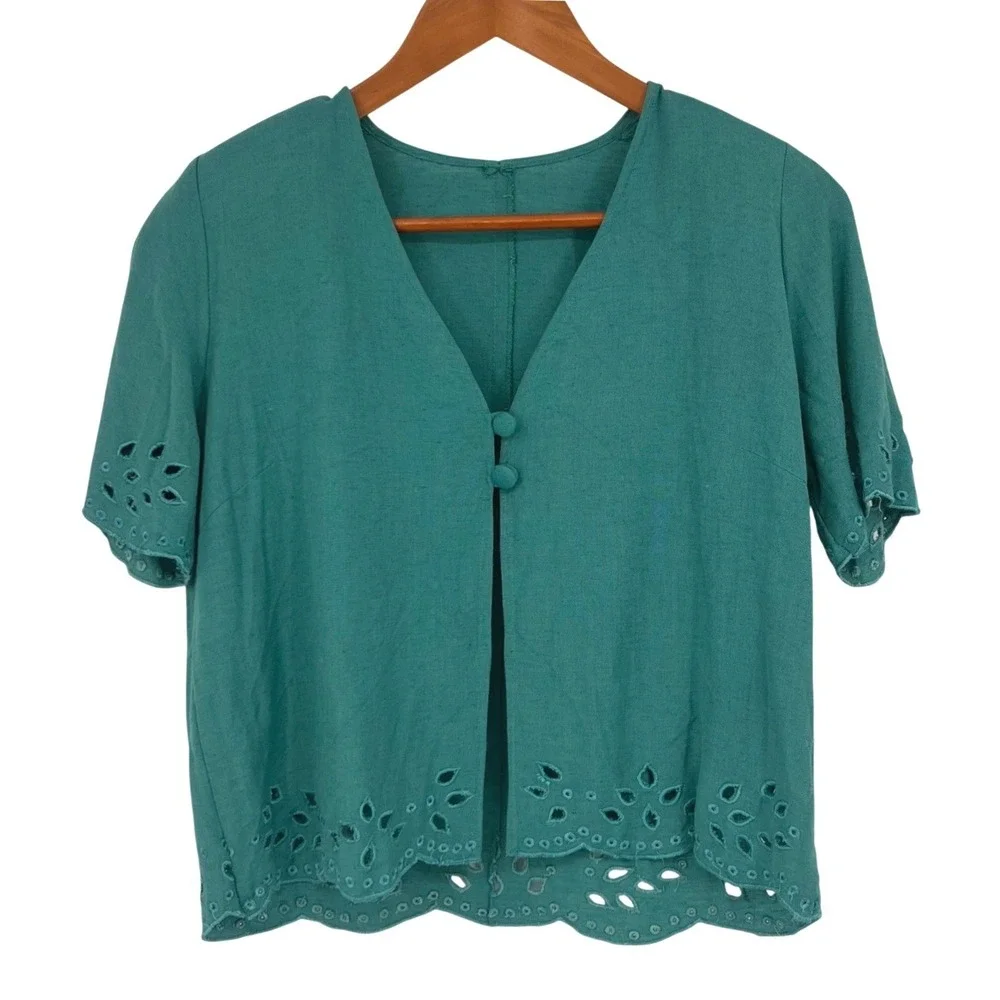 Vintage Y2K Coldwater Creek Jacket‎ Dress Set Medium Teal Eyelet Linen Blend